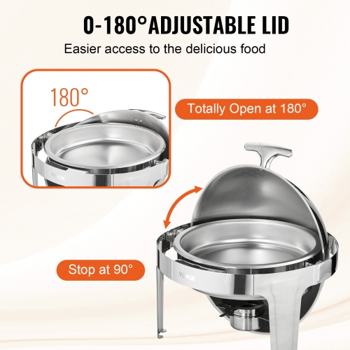 VEVOR 6 Qt 2 Pack Roll Top Chafing Dish Buffet Set, Stainless Steel Chafer with 2 Full Size Pans, Round Catering Warmer Server with Lid Water Pan