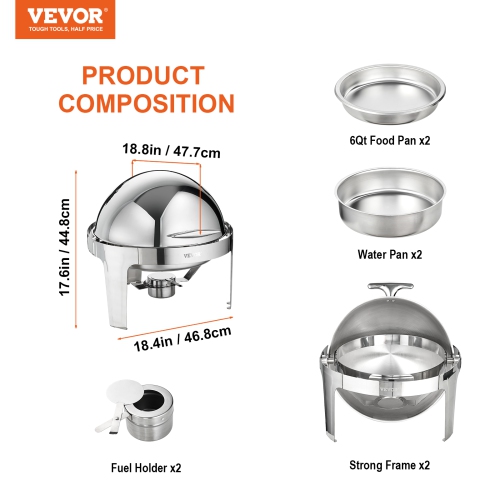 VEVOR 6 Qt 2 Pack Roll Top Chafing Dish Buffet Set, Stainless Steel Chafer with 2 Full Size Pans, Round Catering Warmer Server with Lid Water Pan