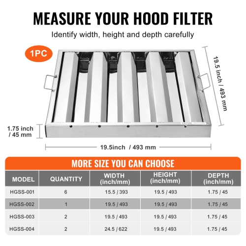 VEVOR 19.5W x 19.5H Inch Commercial Hood Filter, Range Hood Filters, Stainless Steel Restaurant Range Hood Baffle Filter for Grease Rated Commercial