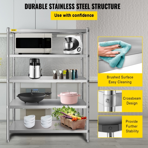 VEVOR 48x18.5 Inch Stainless Steel Shelves, 5 Tier Adjustable Shelf Storage Unit, Stainless Steel Rack Shelving Heavy Duty Shelving, for Kitchen