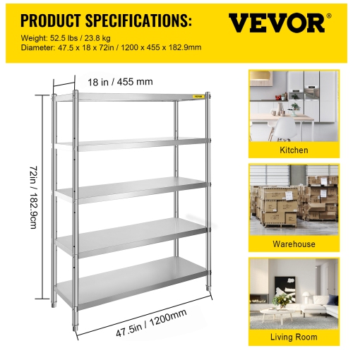 VEVOR 48x18.5 Inch Stainless Steel Shelves, 5 Tier Adjustable Shelf Storage Unit, Stainless Steel Rack Shelving Heavy Duty Shelving, for Kitchen