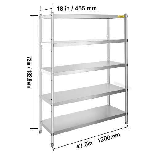 VEVOR 48x18.5 Inch Stainless Steel Shelves, 5 Tier Adjustable Shelf Storage Unit, Stainless Steel Rack Shelving Heavy Duty Shelving, for Kitchen