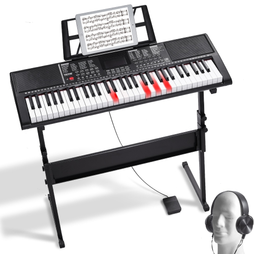 VEVOR  61 Key Digital Keyboard Piano, Lighted Keys, Electric Portable Piano \w Adjustable Stand 600 Tones 500 Rhythms Built-In Speakers Sustain Pedal