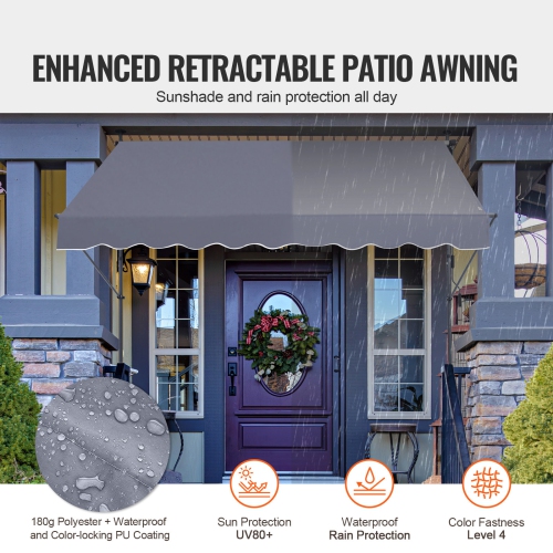 VEVOR 98 x 47" Patio Awning Retractable, Awning Sunshade Shelter with Manual Crank Handle, Outdoor Patio Canopy Sunsetter Deck, Adjustable Height