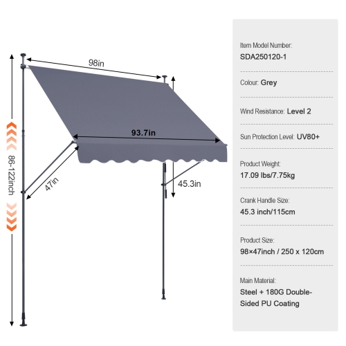 VEVOR 98 x 47" Patio Awning Retractable, Awning Sunshade Shelter with Manual Crank Handle, Outdoor Patio Canopy Sunsetter Deck, Adjustable Height