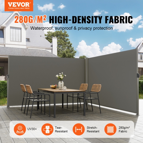 VEVOR 71''x 236'' Retractable Side Awning, Aluminum Outdoor Privacy Screen, 280g Polyester Water-proof Retractable Patio Screen, UV 30+ Room Divider