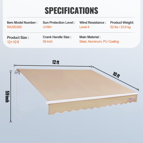 VEVOR 12 x 10 ft Manual Retractable Awning, Outdoor Patio Awning Retractable Sun Shade, Water-Resistant Polyester Patio Door Window Awning Sunshade