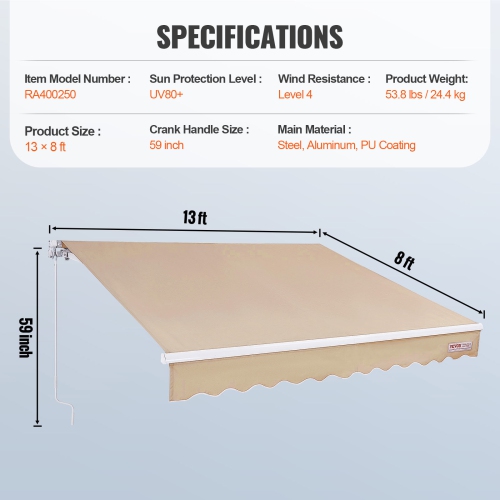 VEVOR 13x8 ft Manual Retractable Awning, Outdoor Patio Awning Retractable Sun Shade, Water-Resistant Polyester Patio Door Window Awning Sunshade
