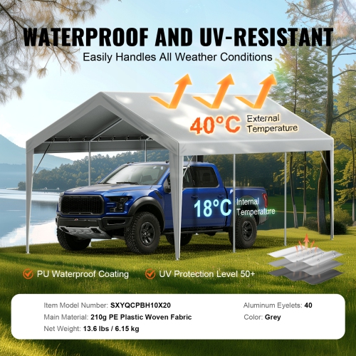 VEVOR 10 x 20 ft Carport Replacement Canopy Cover, Garage Top Tent Shelter Tarp Heavy-Duty Waterproof & UV Protected, with Ball Bungees,Grey