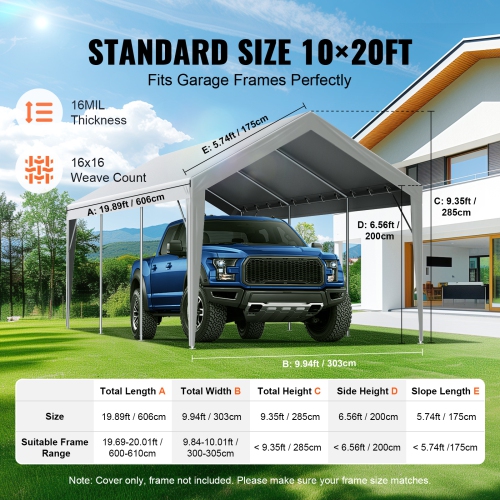 VEVOR 10 x 20 ft Carport Replacement Canopy Cover, Garage Top Tent Shelter Tarp Heavy-Duty Waterproof & UV Protected, with Ball Bungees,Grey
