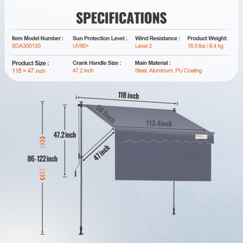 VEVOR 118" Manual Retractable Awning, Outdoor Retractable Patio Awning Sunshade Shelter, Adjustable Patio Door Window Awning Canopy with 39" Sun