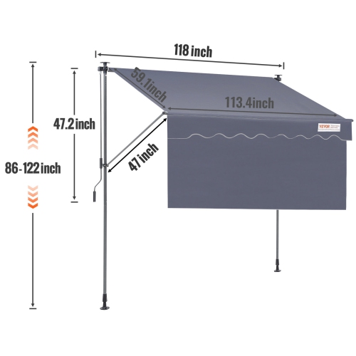 VEVOR 118" Manual Retractable Awning, Outdoor Retractable Patio Awning Sunshade Shelter, Adjustable Patio Door Window Awning Canopy with 39" Sun