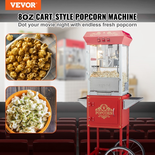 VEVOR 850W Popcorn Maker with Cart, Popcorn Popper Machine, 8 Oz Kettle Makes 48 Cups per Batch, Popcorn Maker Equipped with Tempered Glass, Includes