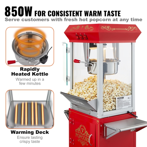 VEVOR 850W Popcorn Maker with Cart, Popcorn Popper Machine, 8 Oz Kettle Makes 48 Cups per Batch, Popcorn Maker Equipped with Tempered Glass, Includes