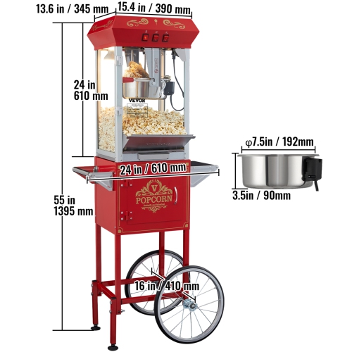 VEVOR 850W Popcorn Maker with Cart, Popcorn Popper Machine, 8 Oz Kettle Makes 48 Cups per Batch, Popcorn Maker Equipped with Tempered Glass, Includes