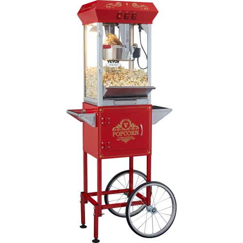 VEVOR 850W Popcorn Maker with Cart, Popcorn Popper Machine, 8 Oz Kettle Makes 48 Cups per Batch, Popcorn Maker Equipped with Tempered Glass, Includes