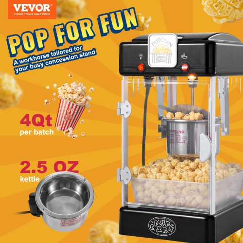 VEVOR 300W Popcorn Maker, Popcorn Popper Machine, 2.5 Oz Kettle Makes 4 QT per Batch, Tabletop Popcorn Maker with PP Door, Includes 2 Scoops and