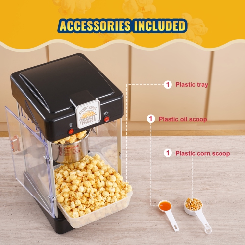 VEVOR 300W Popcorn Maker, Popcorn Popper Machine, 2.5 Oz Kettle Makes 4 QT per Batch, Tabletop Popcorn Maker with PP Door, Includes 2 Scoops and