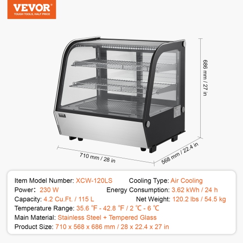VEVOR 4.2 Cu.Ft./115L Refrigerated Display Case, Countertop Pastry Display Case, 2-Tier Commercial Display Refrigerator with LED Lighting, TURBO