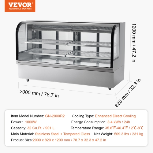 VEVOR 32 Cu.Ft./901L Refrigerated Display Case, Large Pastry Display Case, 4-Tier Commercial Display Refrigerator with LED Lighting, Downdraft