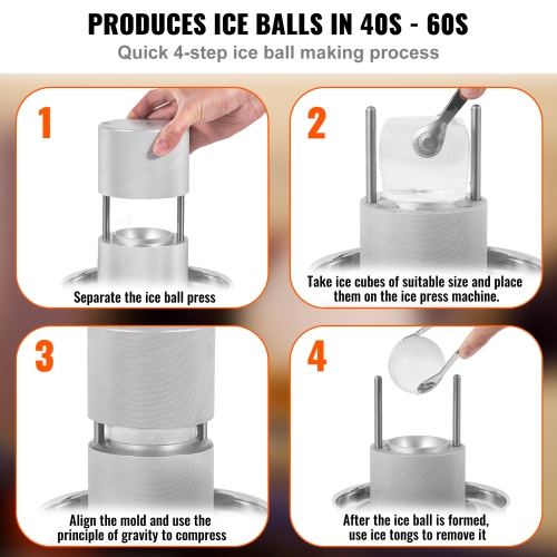 VEVOR Ice Ball Press Kit, Aircraft Al Alloy Ice Press with Ice Block Mold, Large Mat, Tong, Drip Tray, One Glass, Round Ice Ball Maker 2.4"/60 mm Ice