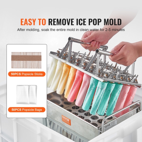 VEVOR 40PCS Commercial Popsicle Moulds, Cylindrical Ice Pop Moulds, Stainless Steel Ice Lolly Popsicle Moulds, with 50PCS Popsicle Sticks & Bags