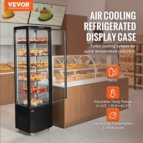 VEVOR 9.8 Cu.Ft./278L Refrigerated Display Case, Large Pastry Display Case, 5-Tier Commercial Display Refrigerator with LED Lighting, TURBO Cooling,