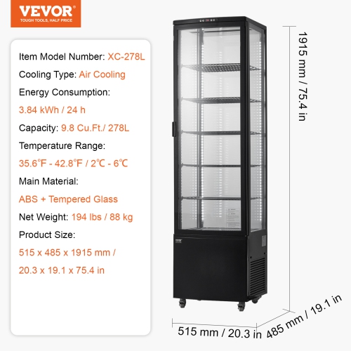 VEVOR 9.8 Cu.Ft./278L Refrigerated Display Case, Large Pastry Display Case, 5-Tier Commercial Display Refrigerator with LED Lighting, TURBO Cooling,