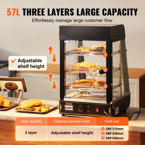 VEVOR 3-Tier Commercial Food Warmer Display, 1000W Food Display Warmer with Light, Adjustable Shelf and Temperature Display, 86℉~185℉ Steam Heating,