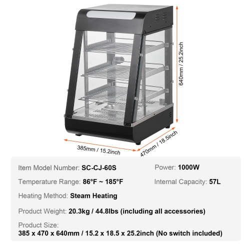 VEVOR 3-Tier Commercial Food Warmer Display, 1000W Food Display Warmer with Light, Adjustable Shelf and Temperature Display, 86℉~185℉ Steam Heating,