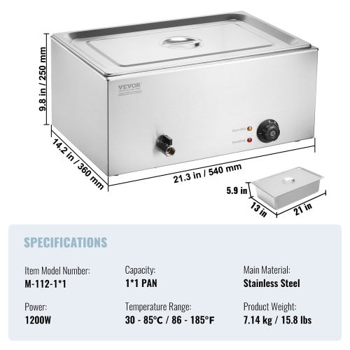 VEVOR Commercial Food Warmer, 1 x 19QT Electric Steam Table, 1200W Professional Countertop Stainless Steel Buffet Bain Marie with 86-185°F Temp