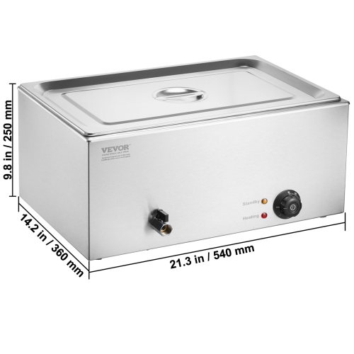 VEVOR Commercial Food Warmer, 1 x 19QT Electric Steam Table, 1200W Professional Countertop Stainless Steel Buffet Bain Marie with 86-185°F Temp