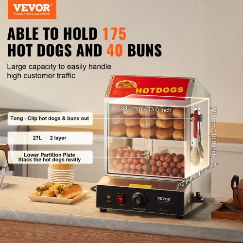 VEVOR 28.5QT Hot Dog Steamer, 2-Tier Stainless Steel Hot Dog Hut Steamer, 86℉~185℉ Temperature Control, Electric Bun Warmer with Tempered Glass Slide
