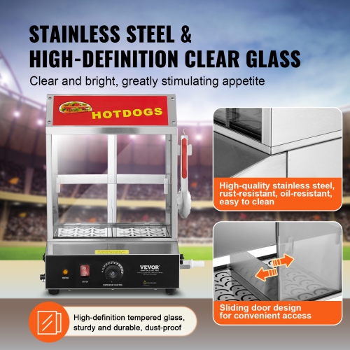 VEVOR 28.5QT Hot Dog Steamer, 2-Tier Stainless Steel Hot Dog Hut Steamer, 86℉~185℉ Temperature Control, Electric Bun Warmer with Tempered Glass Slide