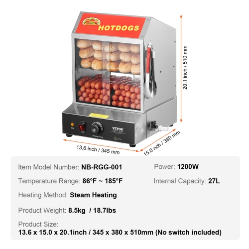VEVOR 28.5QT Hot Dog Steamer, 2-Tier Stainless Steel Hot Dog Hut Steamer, 86℉~185℉ Temperature Control, Electric Bun Warmer with Tempered Glass Slide