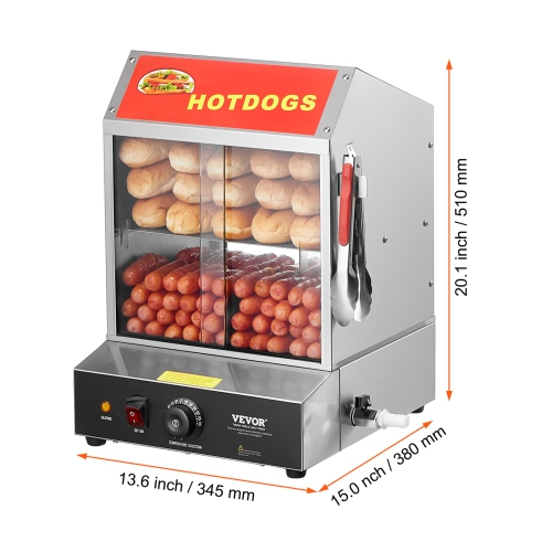 VEVOR 28.5QT Hot Dog Steamer, 2-Tier Stainless Steel Hot Dog Hut Steamer, 86℉~185℉ Temperature Control, Electric Bun Warmer with Tempered Glass Slide