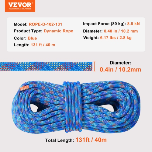 VEVOR 10.2mm Dynamic Climbing Rope, 40M(131ft) Outdoor Rock Climbing Rope 25KN Breaking Tension, Stretchable Fiber Rope with Steel Snap Hooks for
