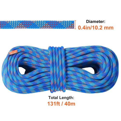 VEVOR 10.2mm Dynamic Climbing Rope, 40M(131ft) Outdoor Rock Climbing Rope 25KN Breaking Tension, Stretchable Fiber Rope with Steel Snap Hooks for