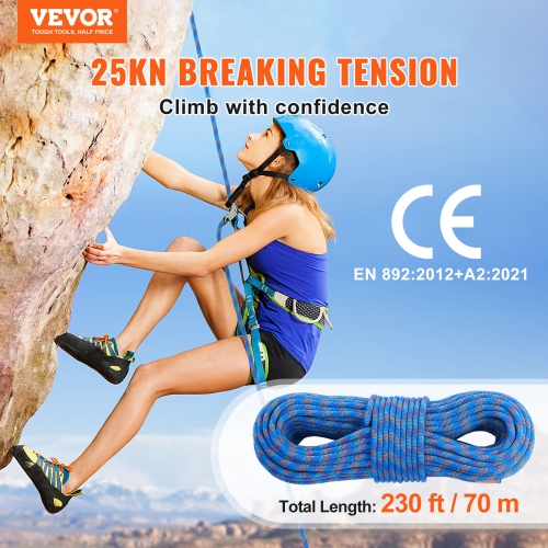 VEVOR 10.2mm Dynamic Climbing Rope, 70M(230ft) Outdoor Rock Climbing Rope 25KN Breaking Tension, Stretchable Fiber Rope with Steel Snap Hooks for