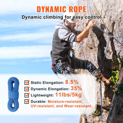 VEVOR 10.2mm Dynamic Climbing Rope, 70M(230ft) Outdoor Rock Climbing Rope 25KN Breaking Tension, Stretchable Fiber Rope with Steel Snap Hooks for