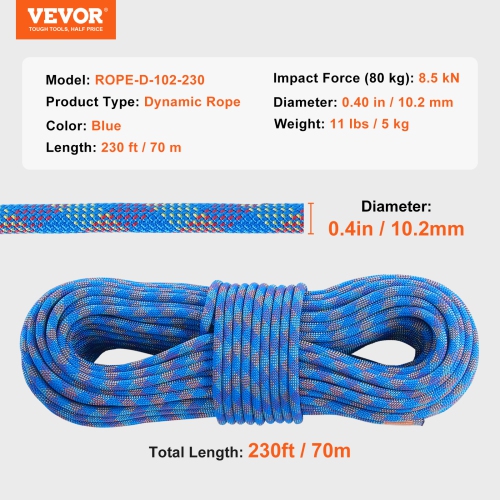 VEVOR 10.2mm Dynamic Climbing Rope, 70M(230ft) Outdoor Rock Climbing Rope 25KN Breaking Tension, Stretchable Fiber Rope with Steel Snap Hooks for