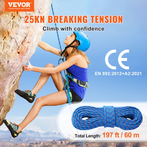 VEVOR 10.2mm Dynamic Climbing Rope, 60M(197ft) Outdoor Rock Climbing Rope 25KN Breaking Tension, Stretchable Fiber Rope with Steel Snap Hooks for