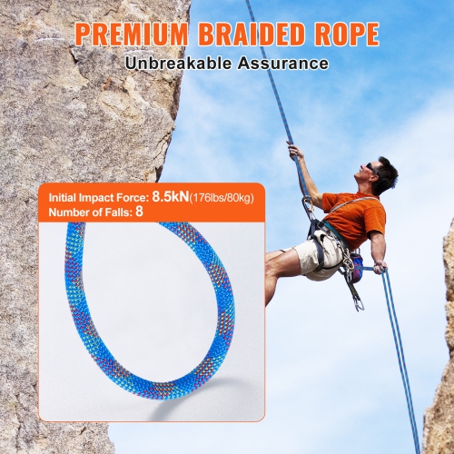 VEVOR 10.2mm Dynamic Climbing Rope, 60M(197ft) Outdoor Rock Climbing Rope 25KN Breaking Tension, Stretchable Fiber Rope with Steel Snap Hooks for