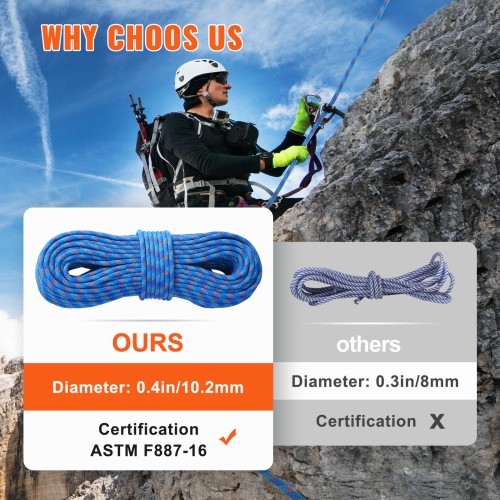 VEVOR 10.2mm Dynamic Climbing Rope, 60M(197ft) Outdoor Rock Climbing Rope 25KN Breaking Tension, Stretchable Fiber Rope with Steel Snap Hooks for