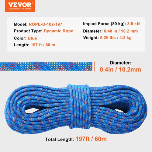 VEVOR 10.2mm Dynamic Climbing Rope, 60M(197ft) Outdoor Rock Climbing Rope 25KN Breaking Tension, Stretchable Fiber Rope with Steel Snap Hooks for