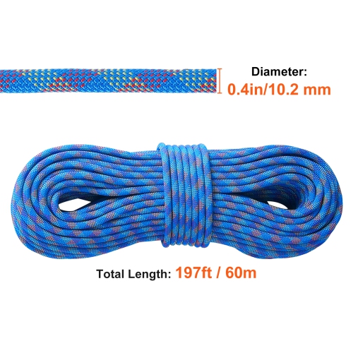 VEVOR 10.2mm Dynamic Climbing Rope, 60M(197ft) Outdoor Rock Climbing Rope 25KN Breaking Tension, Stretchable Fiber Rope with Steel Snap Hooks for