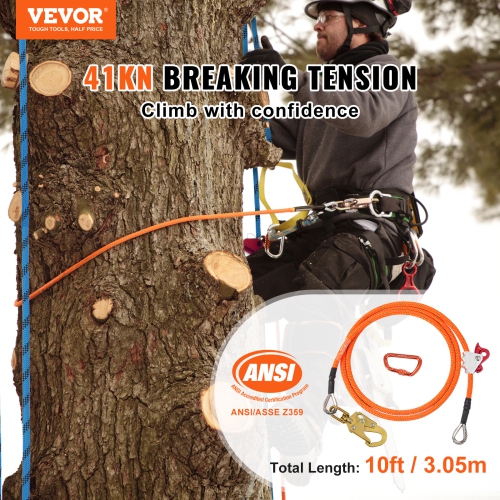 VEVOR 16mm Steel Core Flipline, 10ft(3m) Arborist Flipline, Flip Line for Tree Climbing with Alloy Steel Snap Hook & Aluminum Alloy Carabiner, 30KN