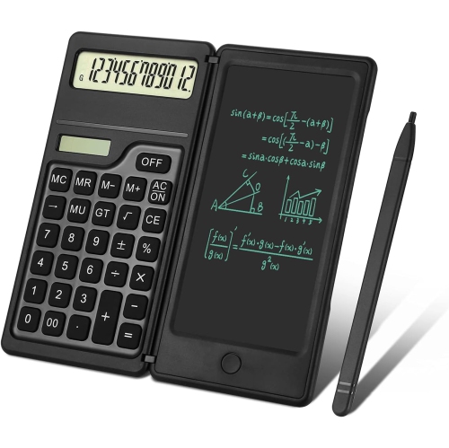 Desk calculator, 12-digit desk calculator with writing pad, solar and battery dual power supply, high-quality school supplies for high school students