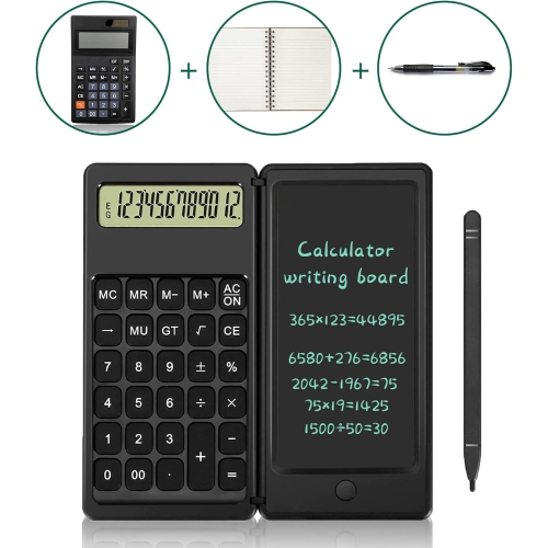 Basic Office Calculator with Erasable Pad, 12-Digit Large LCD Display Standard Function Desktop Calculator for Office School Calculations - Black