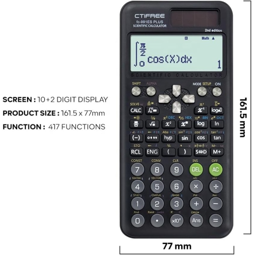 Calculateur de fonction 417 Fonctions 2 lignes 10+2 chiffres Affichage écrit Calculatrice scientifique solaire - noir